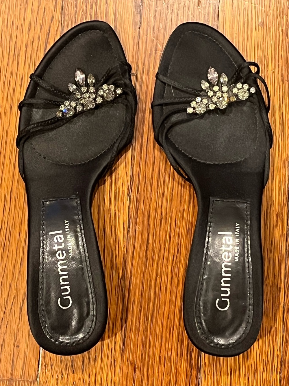 Gunmetal kitten heel sandals with rhinestone.  Made in Italy 36.5